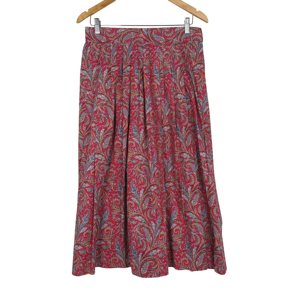 VTG Talbots Midi Skirt Womens 12 Red Paisley Vintage Cotton Pleated Pockets USA